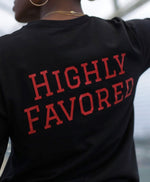 Load image into Gallery viewer, God&#39;s Child 7 Black long sleeve shirt, with highly favored in red on the back
